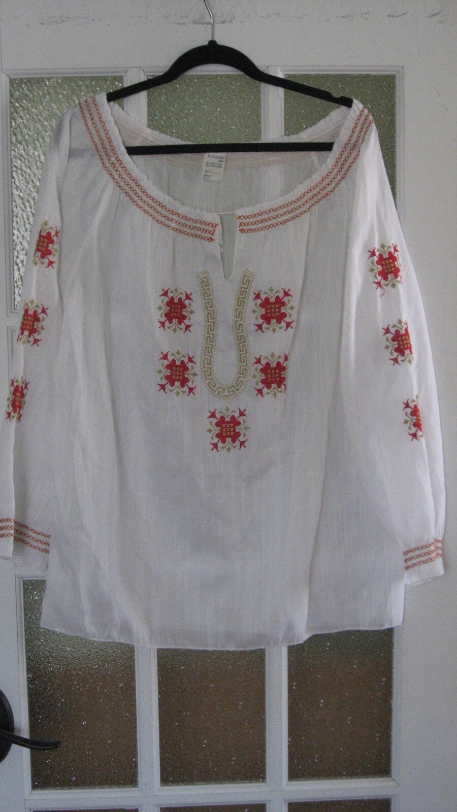 Vintage Greece White Embroidered Peasant Blouse K Papoutsaki Bros. Hippie Boho