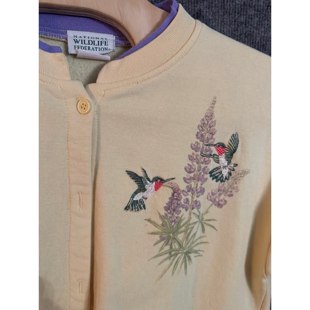 Vintage National Wildlife Federation Hummingbird Sweatshirt Cardigan Yellow L