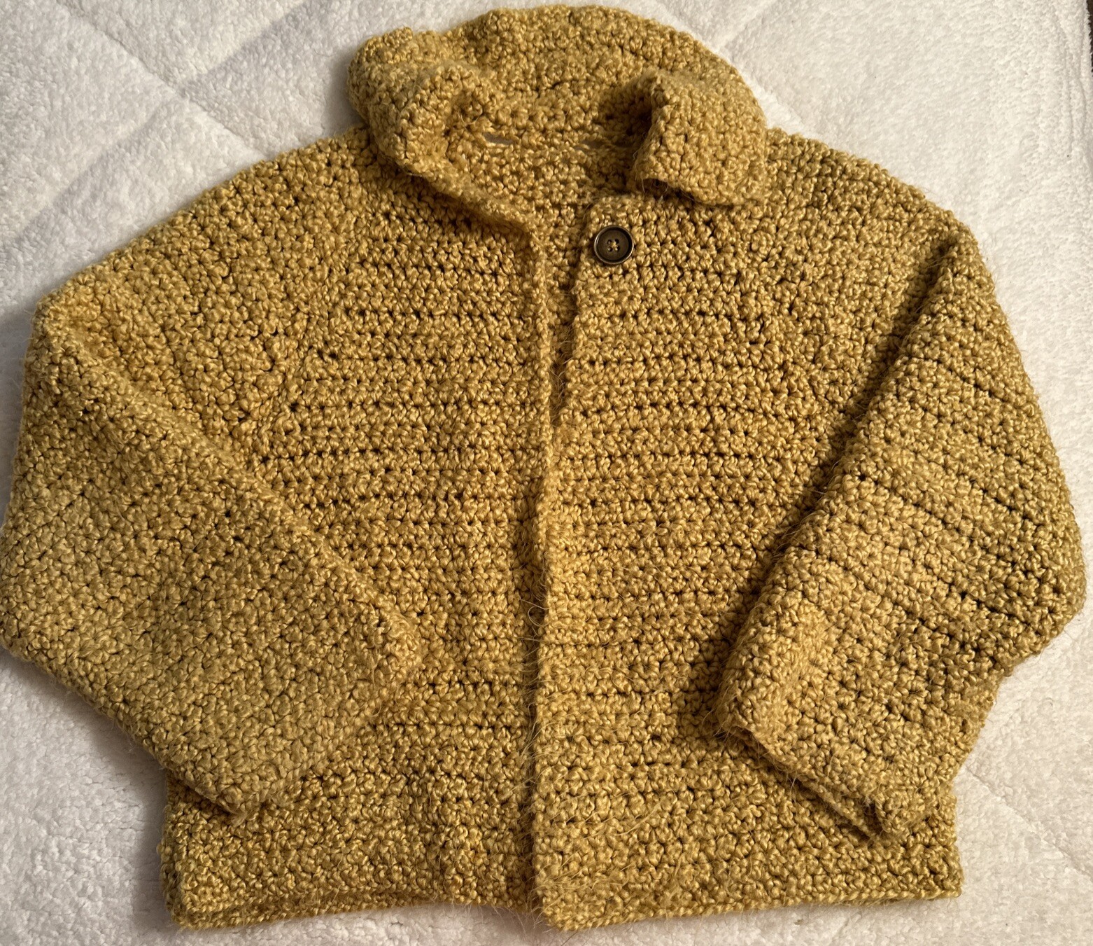 Vintage Mustard Yellow Crocheted Cardigan Boho Grandma Chic 20” Soft Sweater
