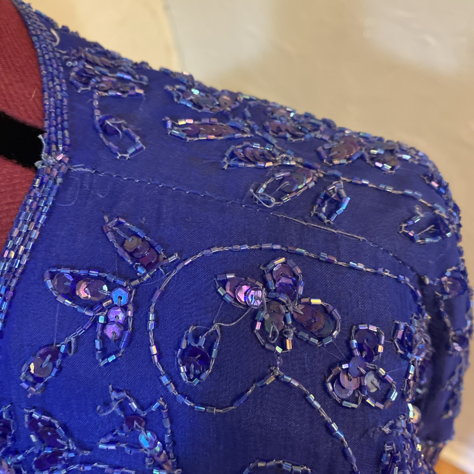 Vintage 80s Dark Blue Silk Sequin Beaded Fringe Cocktail Formal Mini Dress Med