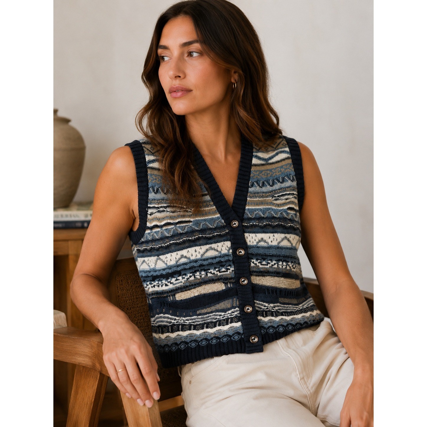 Marsh Landing Vintage 3D Textured Knit Sweater Vest Blue Geometric Womans S NWT