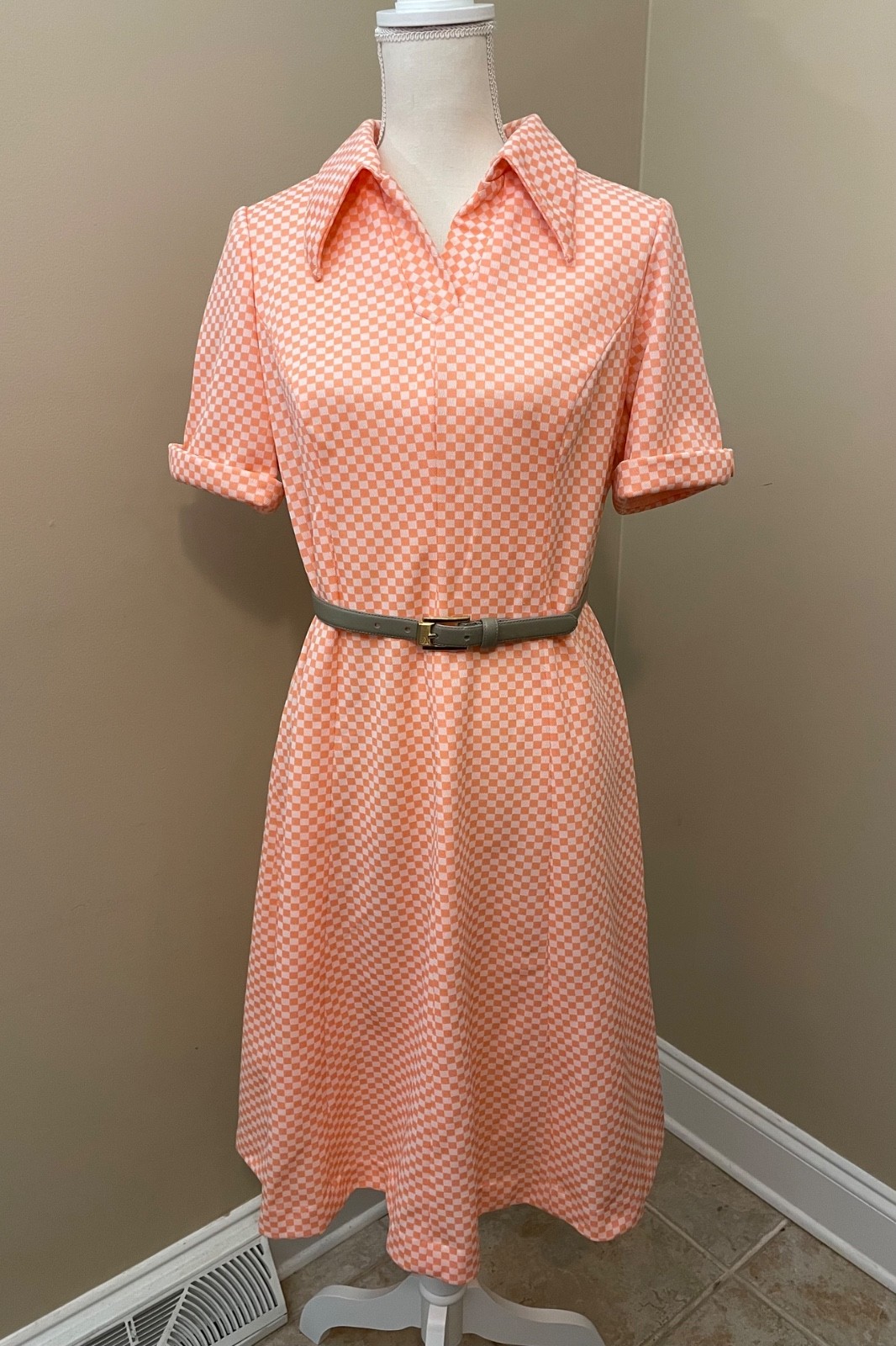 Vintage 1970s Orange & White Checkered Shift Dress – Size Medium