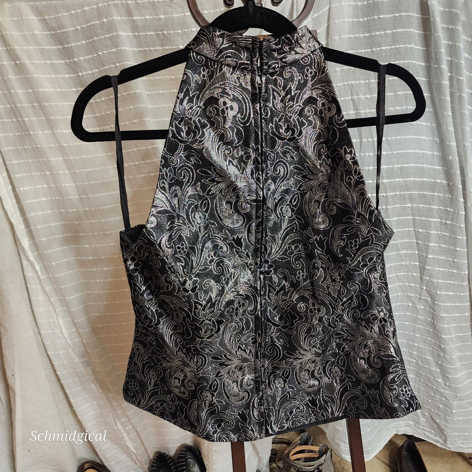 Vintage Michaelangelo Silver Metallic Floral Brocade Halter Mock Neck Top 90s 12