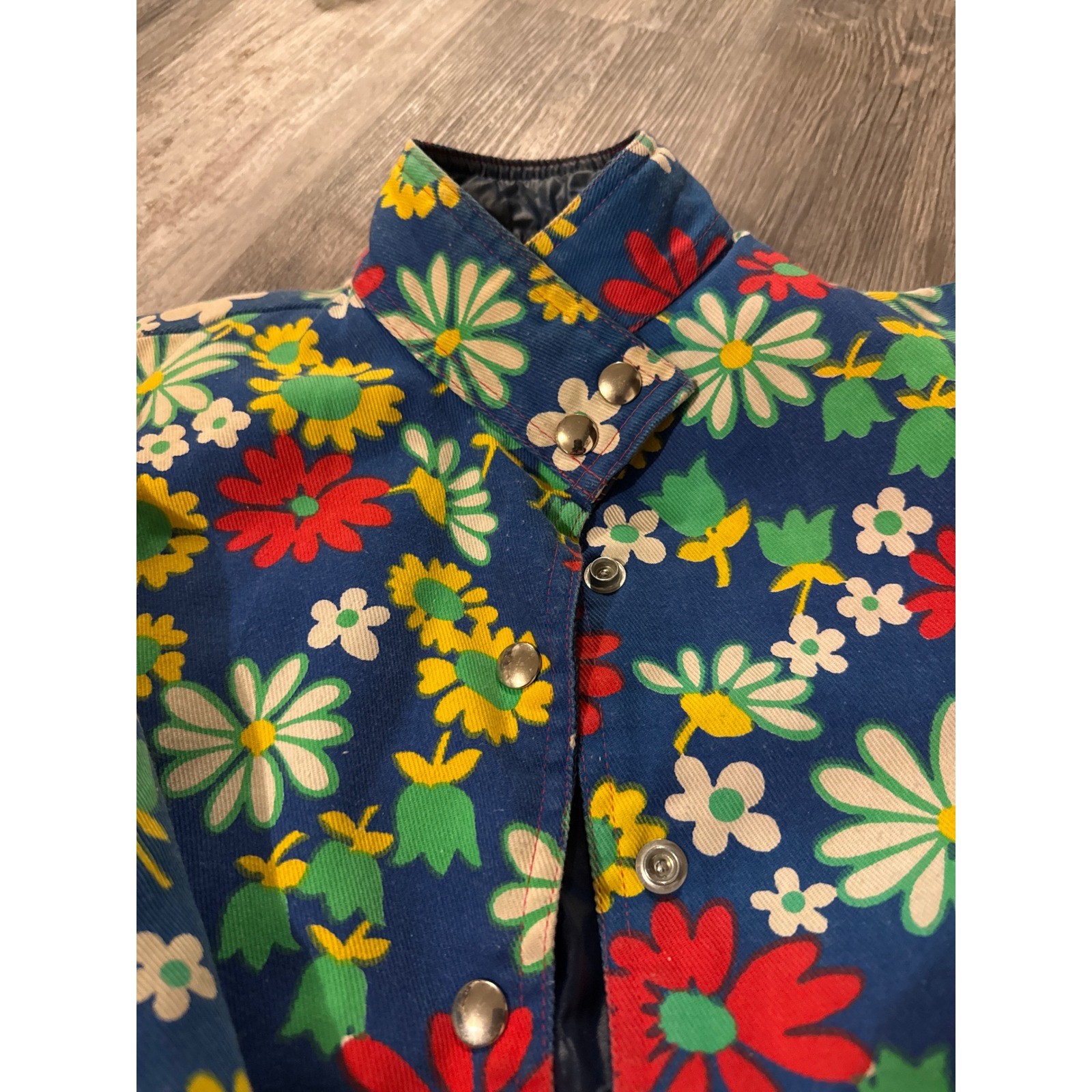 Vintage Swing West Floral Print Quilted Lined Jacket Blue Yellow Red Womens