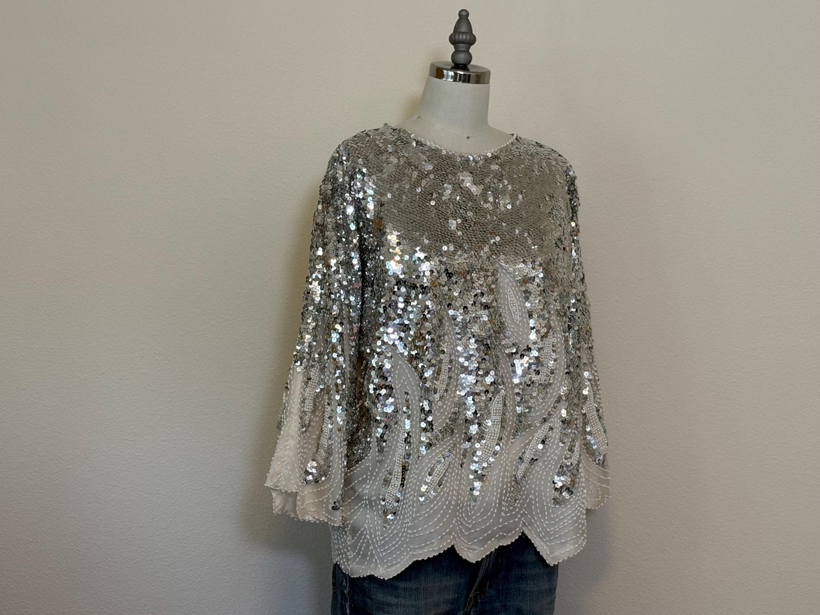 Vintage 80s Beaded Silk Top, White Silver Sequin Disco Tee, Sparkle Top