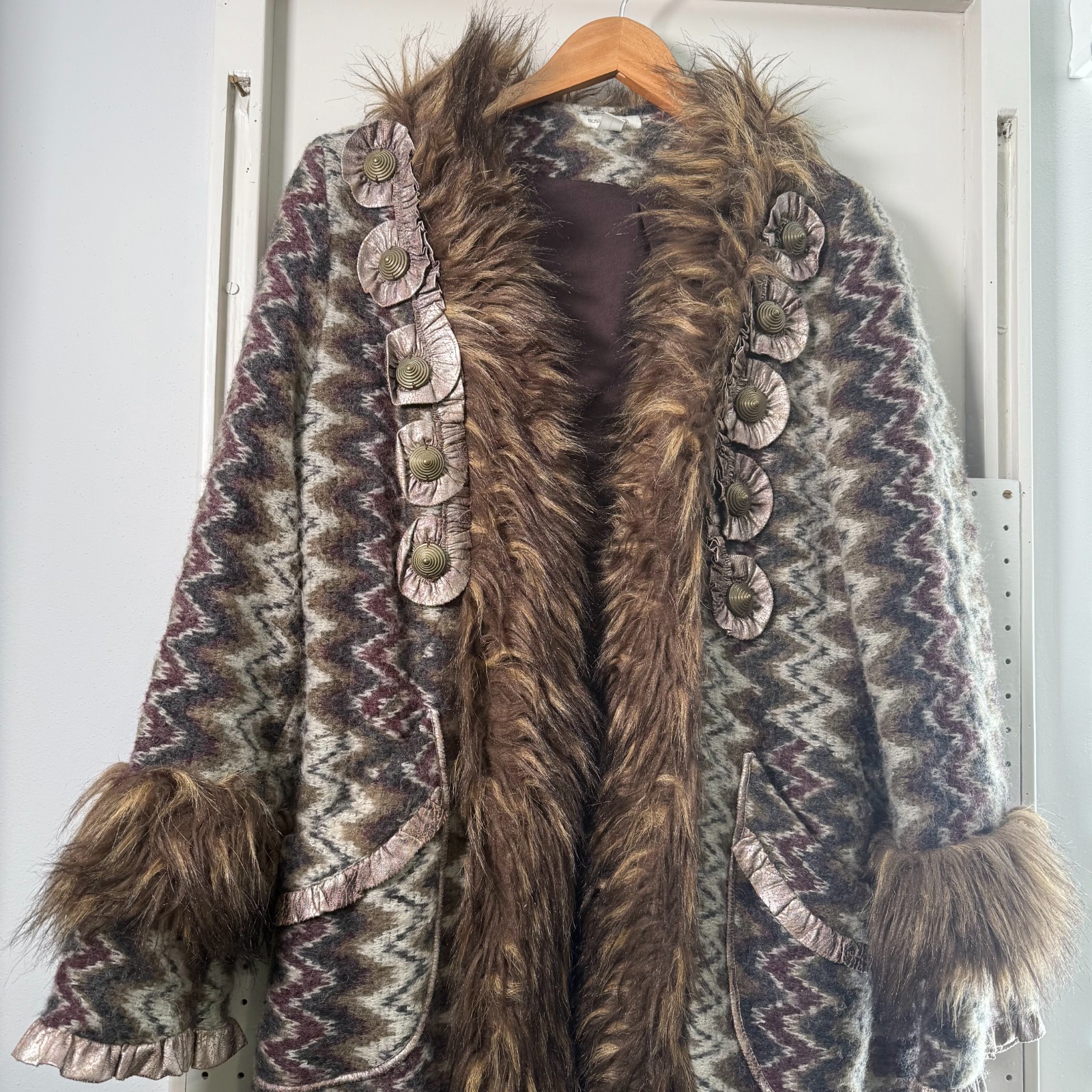 Vintage Boston Proper Faux Fur Trim Coat Women Wool Blend Jacket Medium Art