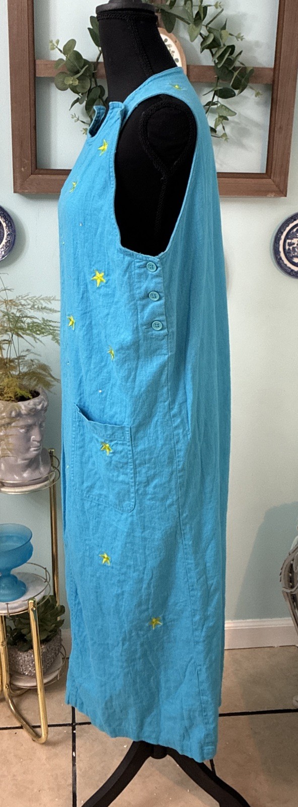 Vintage Quaker Factory Large Aqua Blue Celestial Linen/ Rayon Dress Pocket