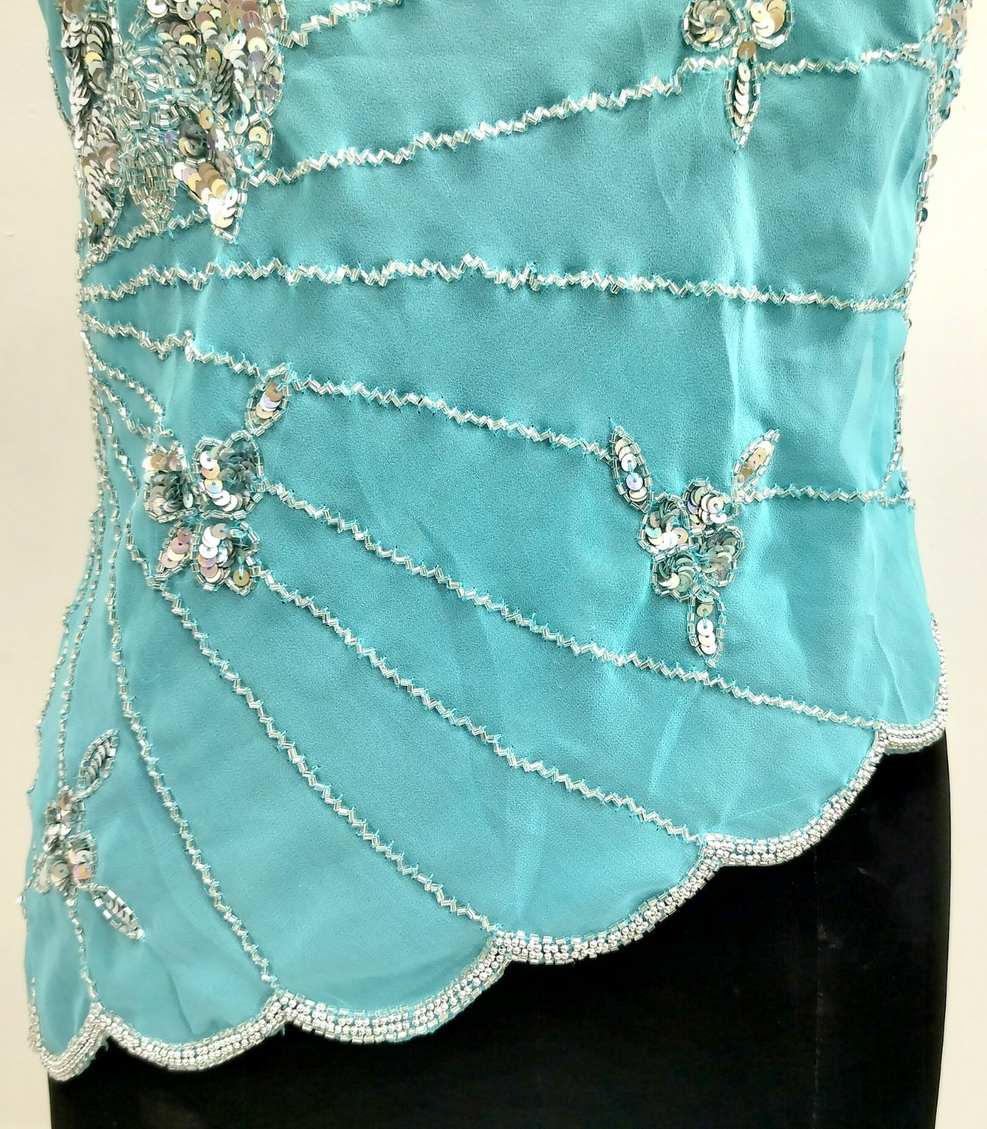 Vintage Y2K Embroidery Costume Sequin Top Blouse Sheer Turquoise Silver Tunic