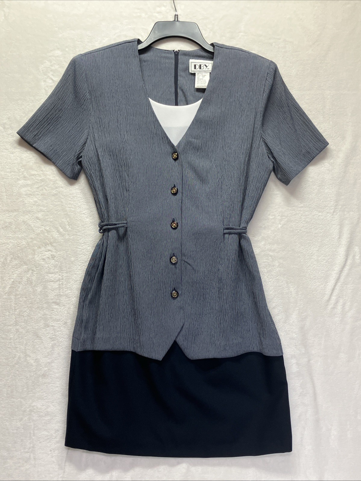 VTG 90s Y2K DBY Dress Navy Faux Suit 11 Seersucker Bodice Corporate Office Siren