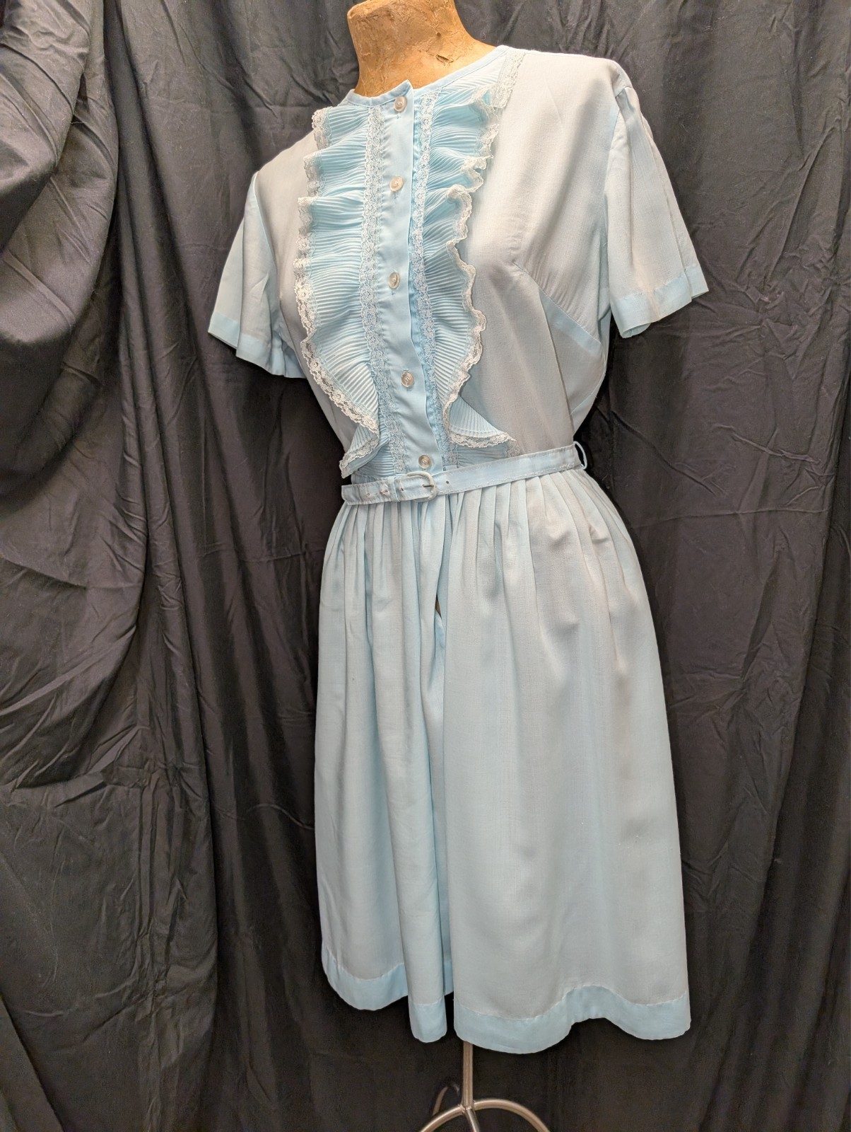 1960s 70s Blue Cotton Blend Lace Trim Dress by NPC Fashions M