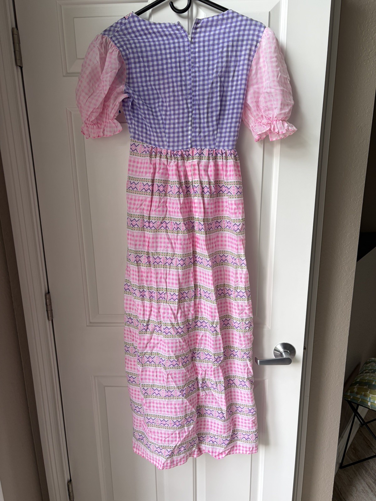 vintage 70s Girls Or XS boho hippie pink purple gingham prairie maxi dress