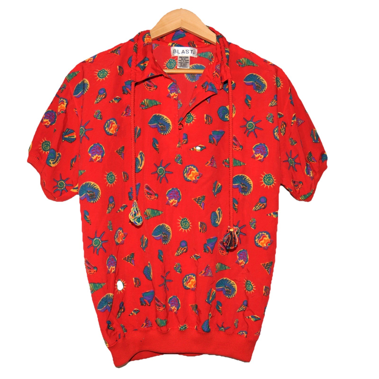 Vintage 80s Bold Seashell Embroidered Vacation Beach Polo Shirt Sz Small Kitschy