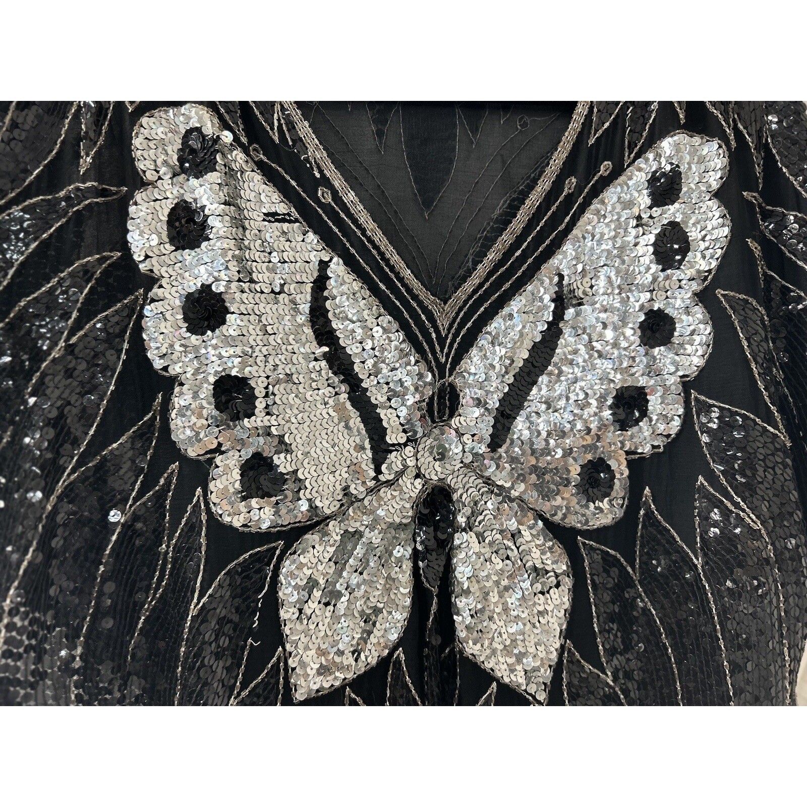 Vintage Butterfly Sequin Silk Top OS Black Silver Beaded Glam Art Deco Gatsby