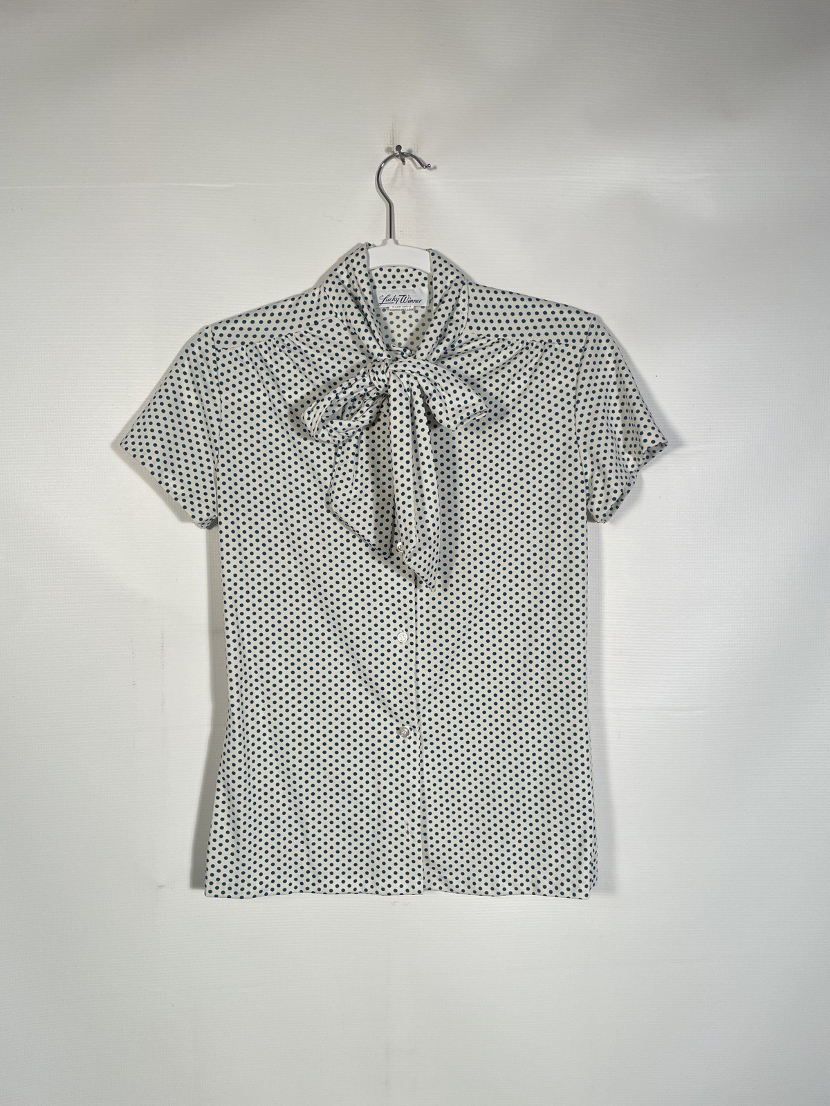 Vintage 1970’s Blue Polka Dot Blouse With Collar Tie Size S