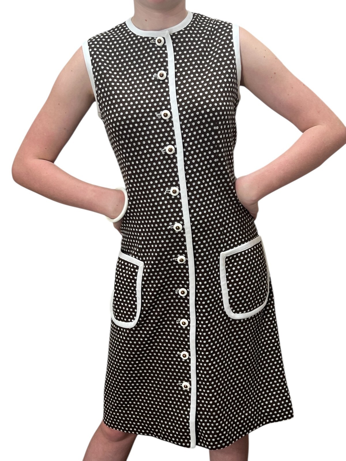 M~L Vtg 70s Dress Brown White Dot Textured Shift Poly Knit Button Front Pockets