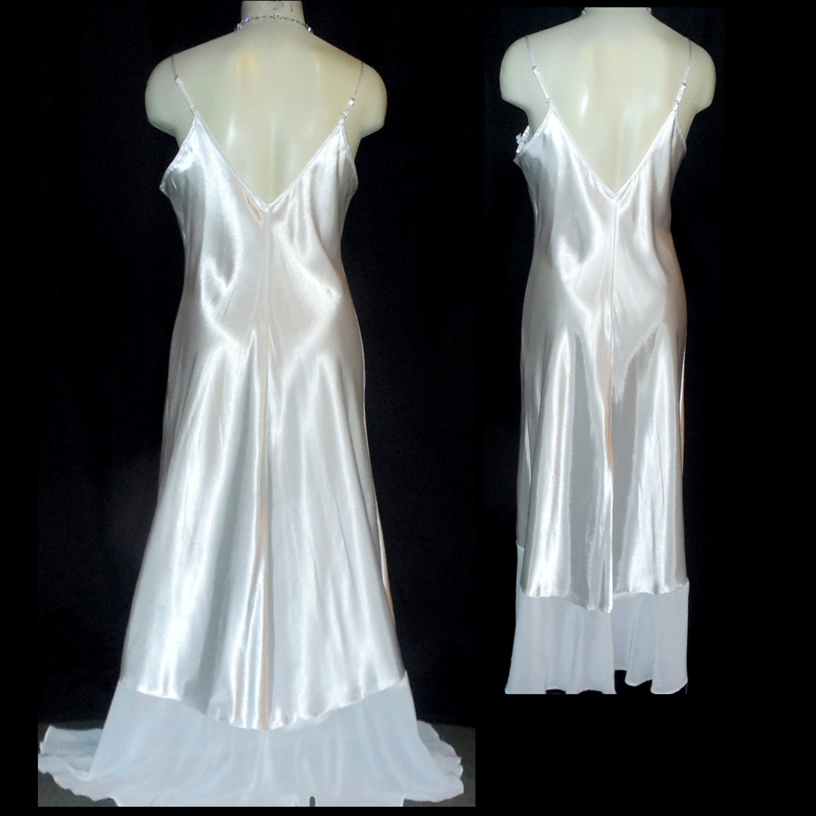 PRISTINE L BUST 38″ ENCHANTING BEADED BRIDAL WHITE PEARLS LIQUID SATIN NIGHTGOWN