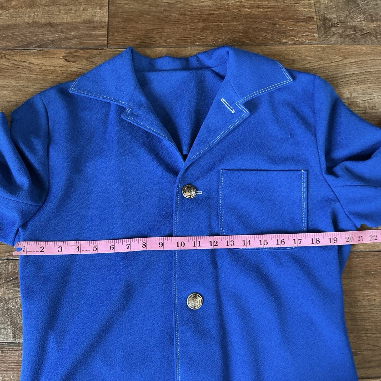 70s VTG Royal Blue Jacket White Blouse 2PC Set Sz L Coin Buttons Topstitch #20D8