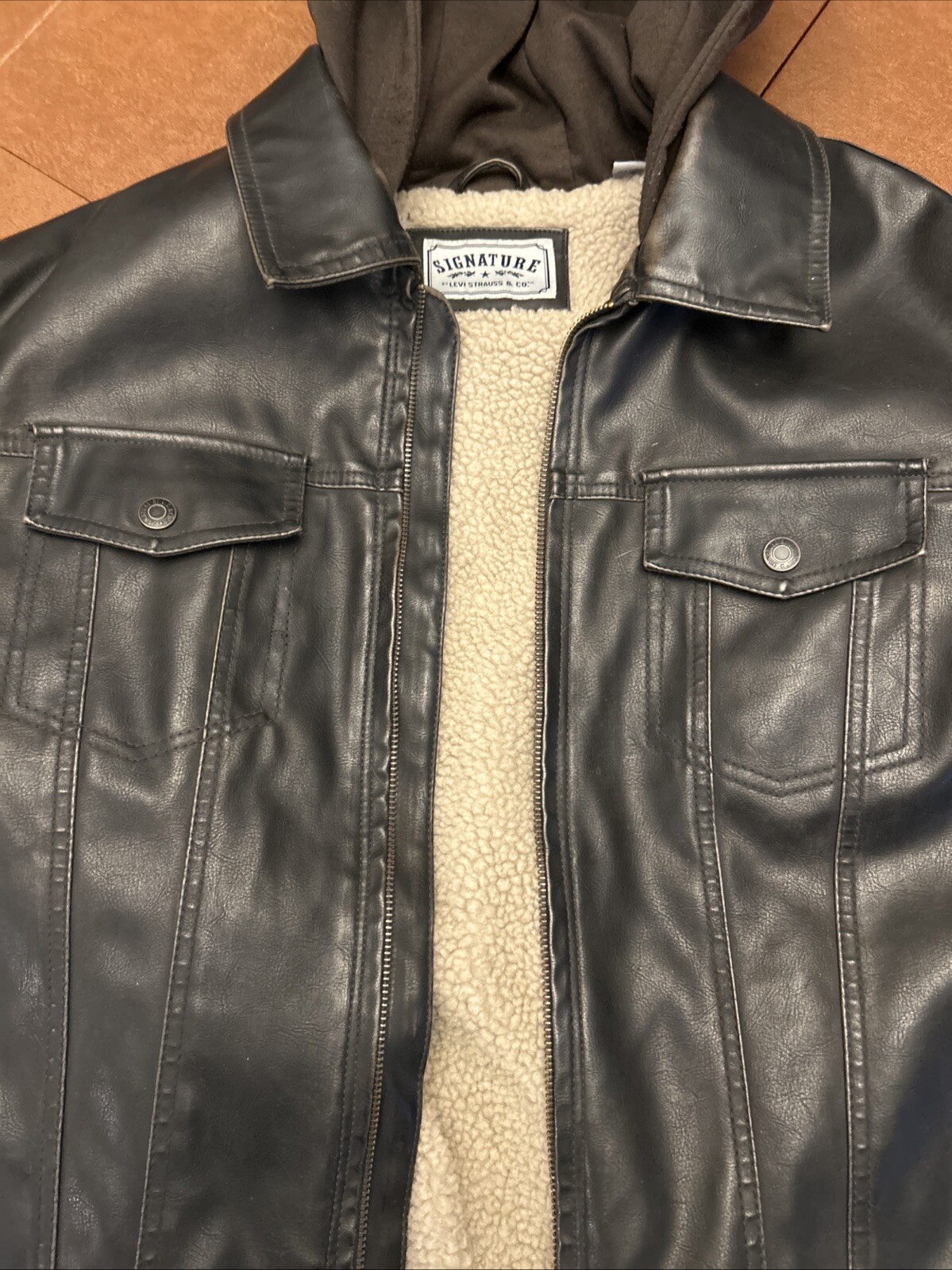 VTG SIGNATURE LEVI STRAUSS Faux Leather Bomber XL Coat Lined w/Hood *Read