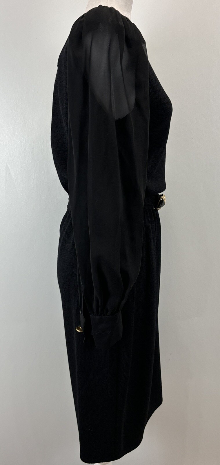 Vtg St. John By Marie Gray Knit Dress Black Sheer Sleeves Belt Cuff Buttons HTF