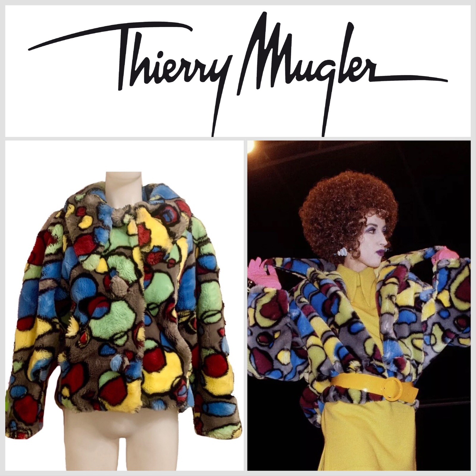 THIERRY MUGLER 1985 Faux Fun Fur Coat Jacket Sz 42 Runway Editorial VINTAGE RARE