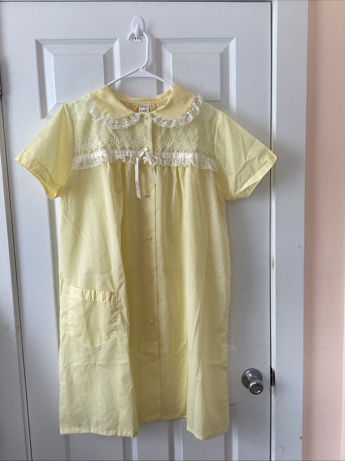 VTG Miss Fashion House Dress Yellow Lace L Peter Pan Collar Union Made USA