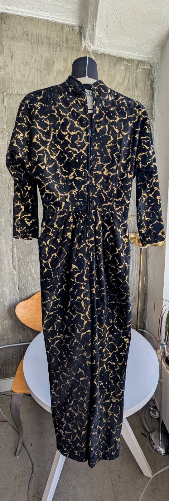 Vintage Vicky Tiel Black and Metallic Gold Suede Long Sleeve Jumpsuit France-XS
