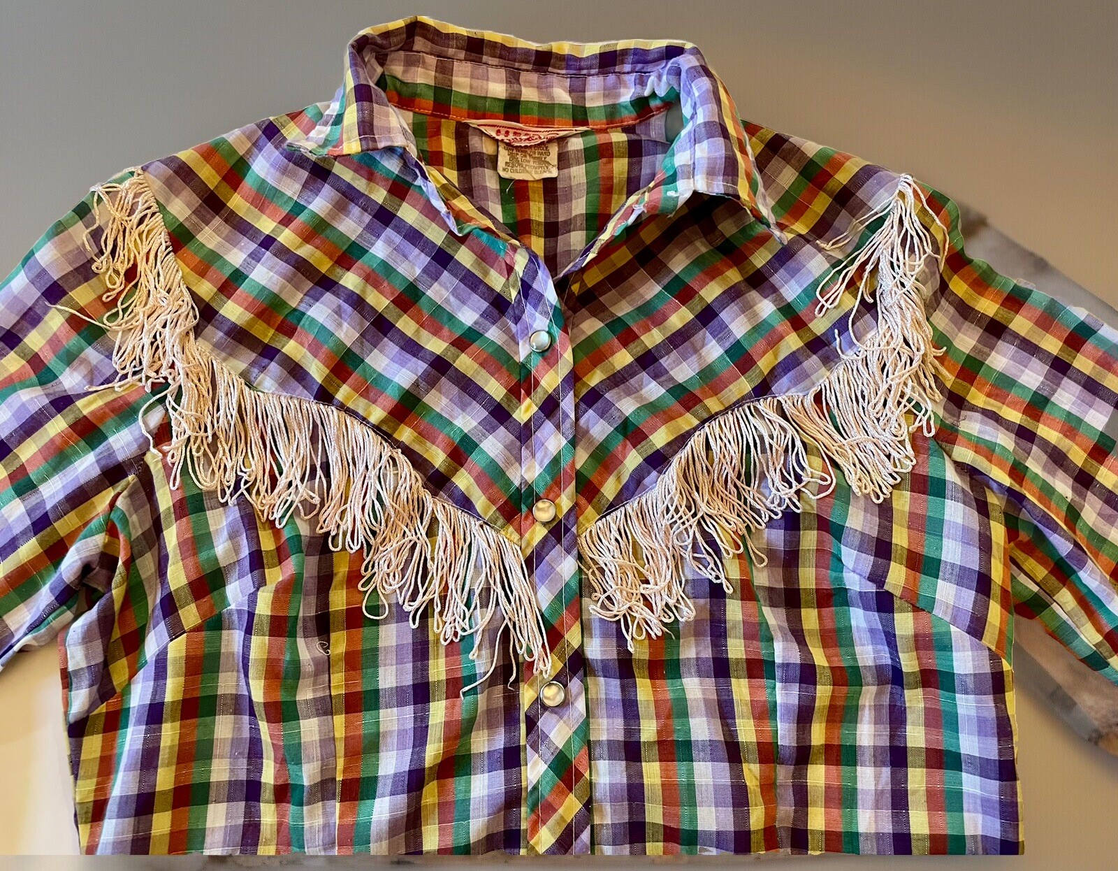 Vintage 70s H BAR C California RANCHWEAR Shirt Women 34 Plaid Fringe Pearl Snap