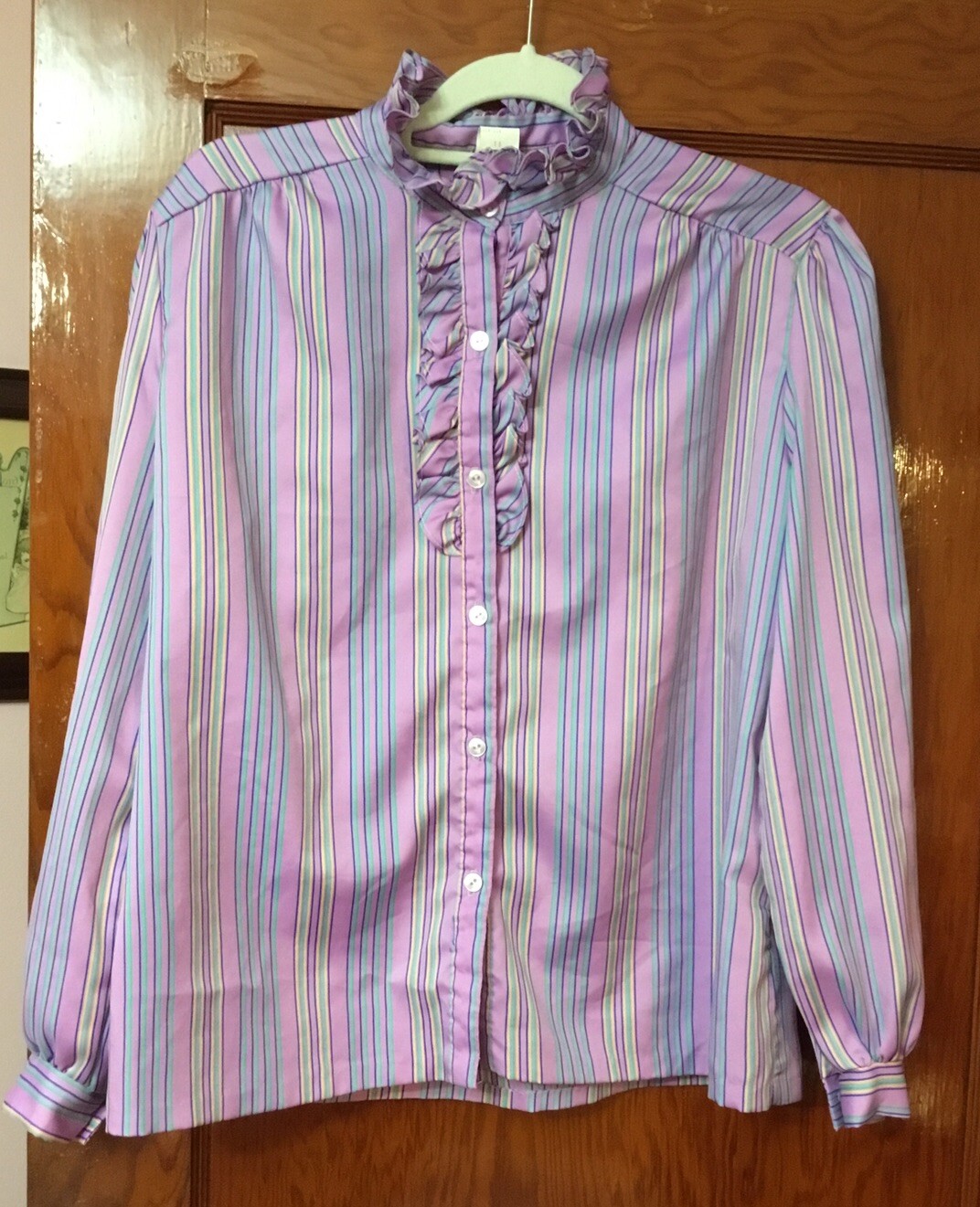 VTG 70s 80s High Ruffle Collar Button Down Violet Purple Blue Striped SZ 16