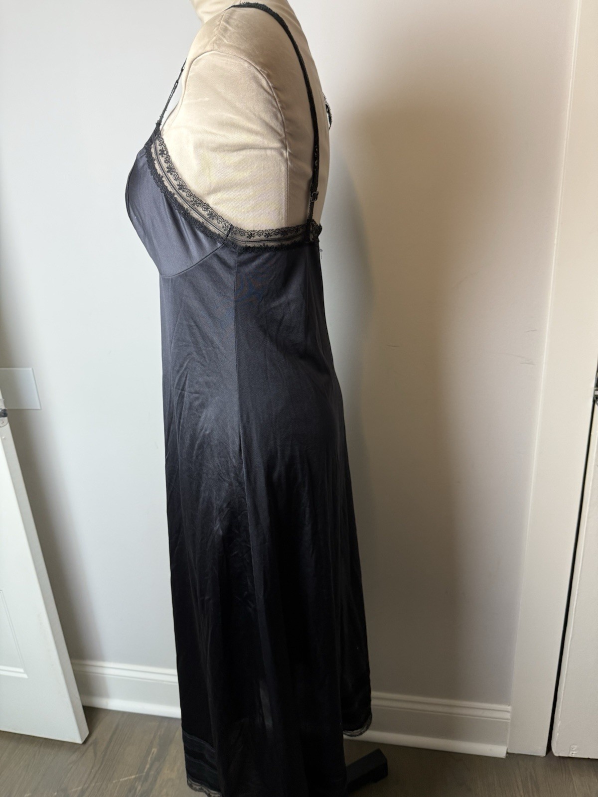 Vintage Jenelle Of California Slip Black Lingerie Nightgown Satin Lace Trim