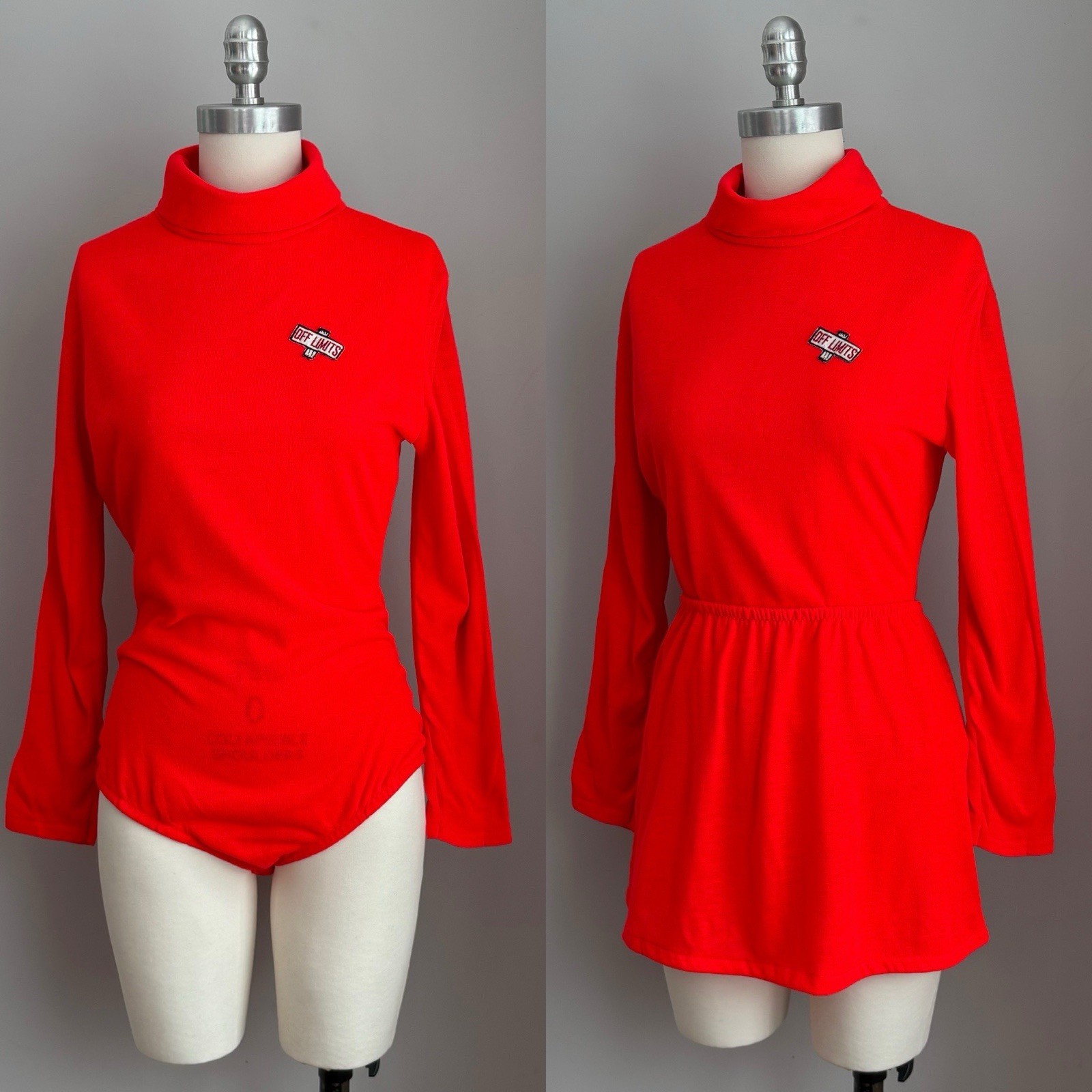 Mod Vintage 1960’s Red “Off Limits” Patch Bodysuit Top & Mini Skirt Set S/M