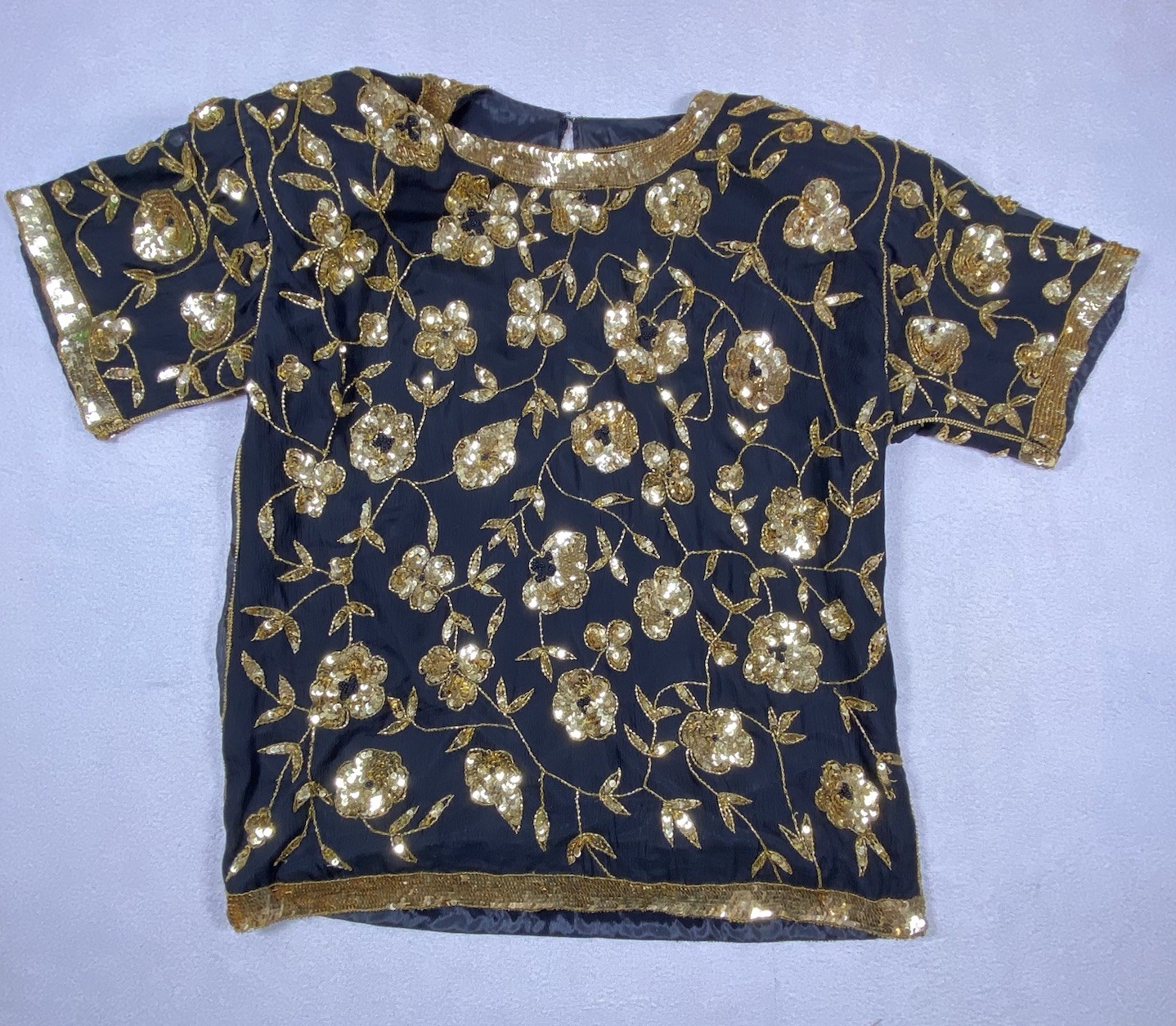 Vintage Leslie Fay Evenings Women’s L Black Gold Sequin Beaded Blouse Top