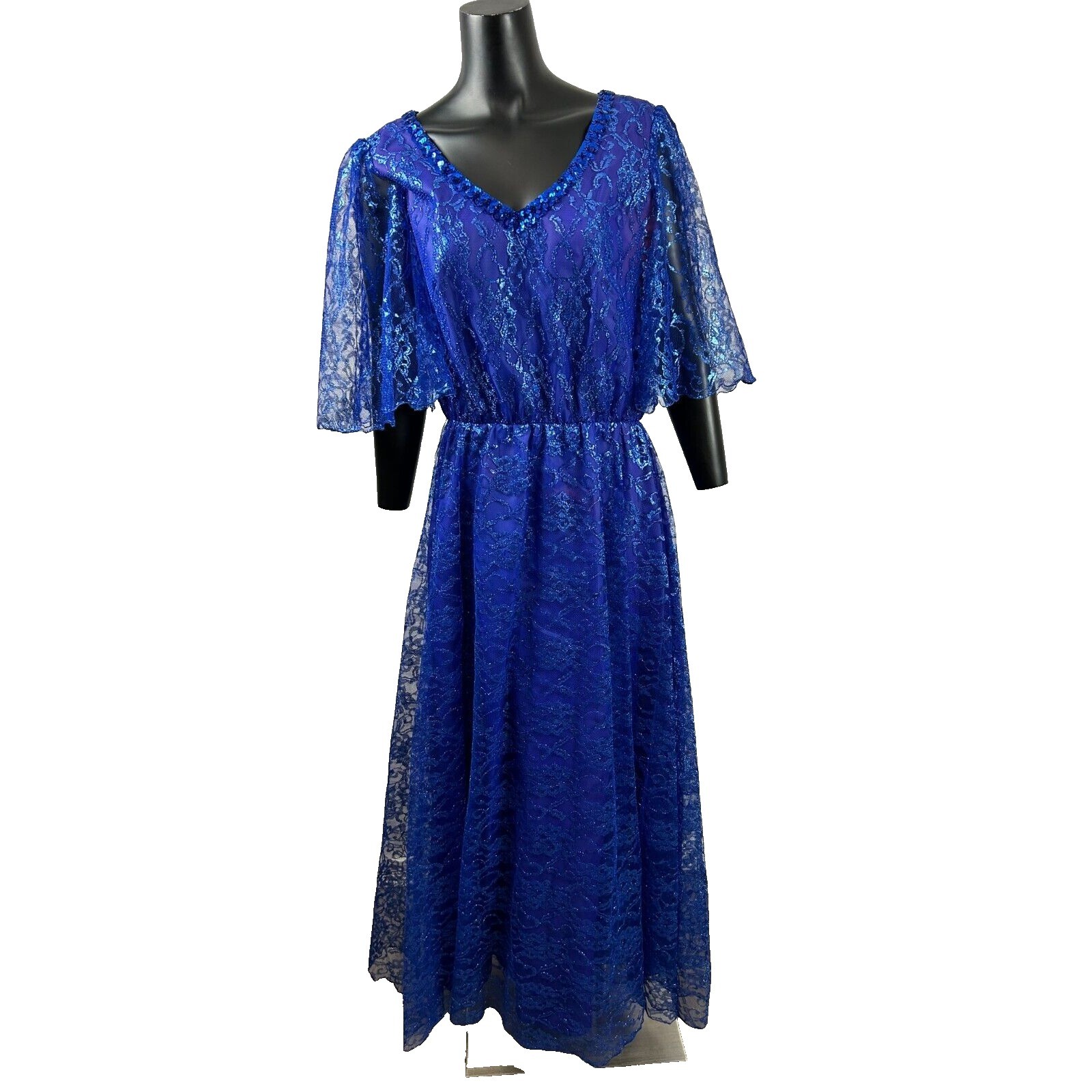 Mike Benet Formal Sequins Blue Lace Sheer V-Neck Evening Gown Dress Vtg 80s