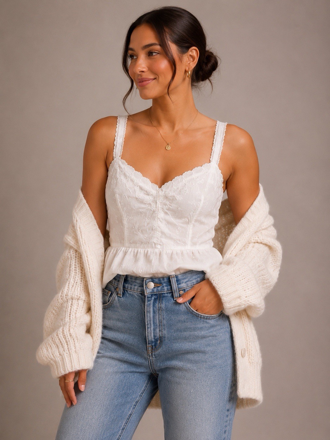 VTG Komar Lingerie White Embroidered Cami Top Sz 38 Cotton Nylon Cottagecore EVC