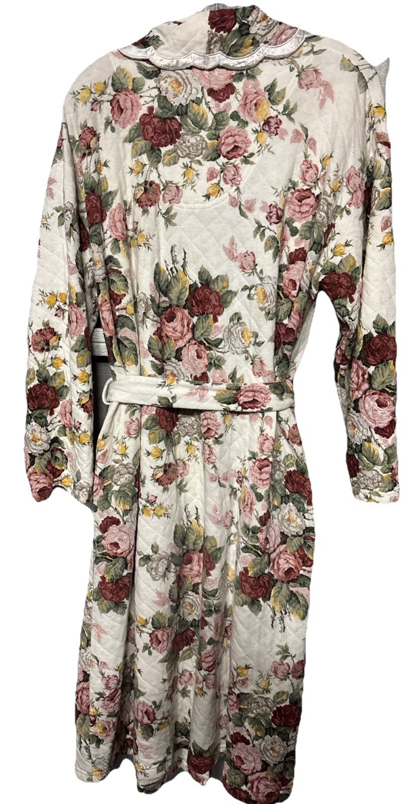 Vintage 80 EARTH ANGELS Floral Robe Roses Print A Scalloped Collar Size M