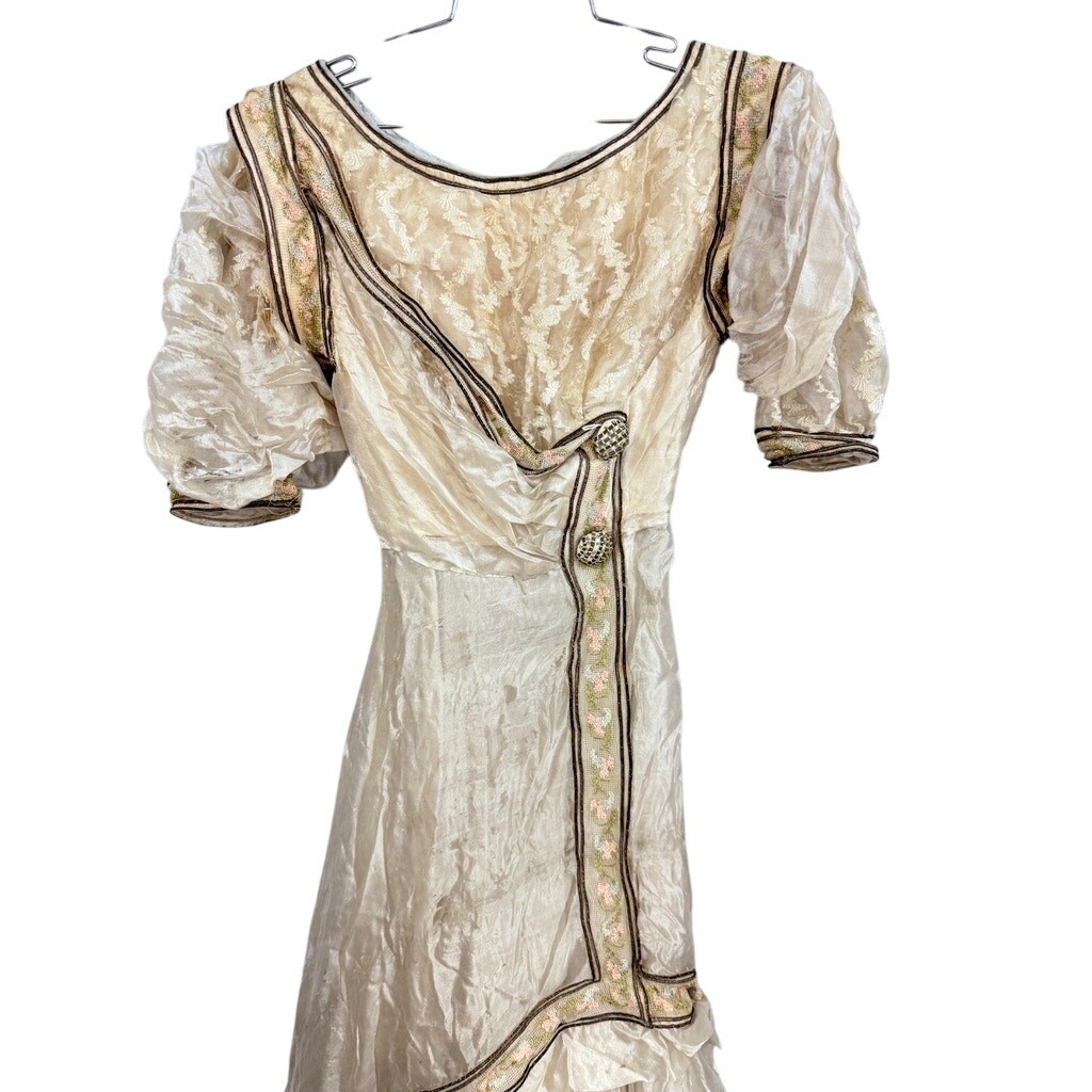 VTG Edwardian Ivory Silk Wedding Gown TLC Shattering Silk Embroidered Trim