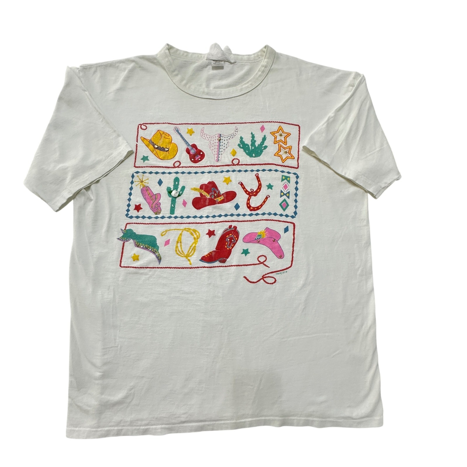 VTG 90s Western Cowgirl T-Shirt Single Stitch OS Boxy 3D Print Festival Rodeo