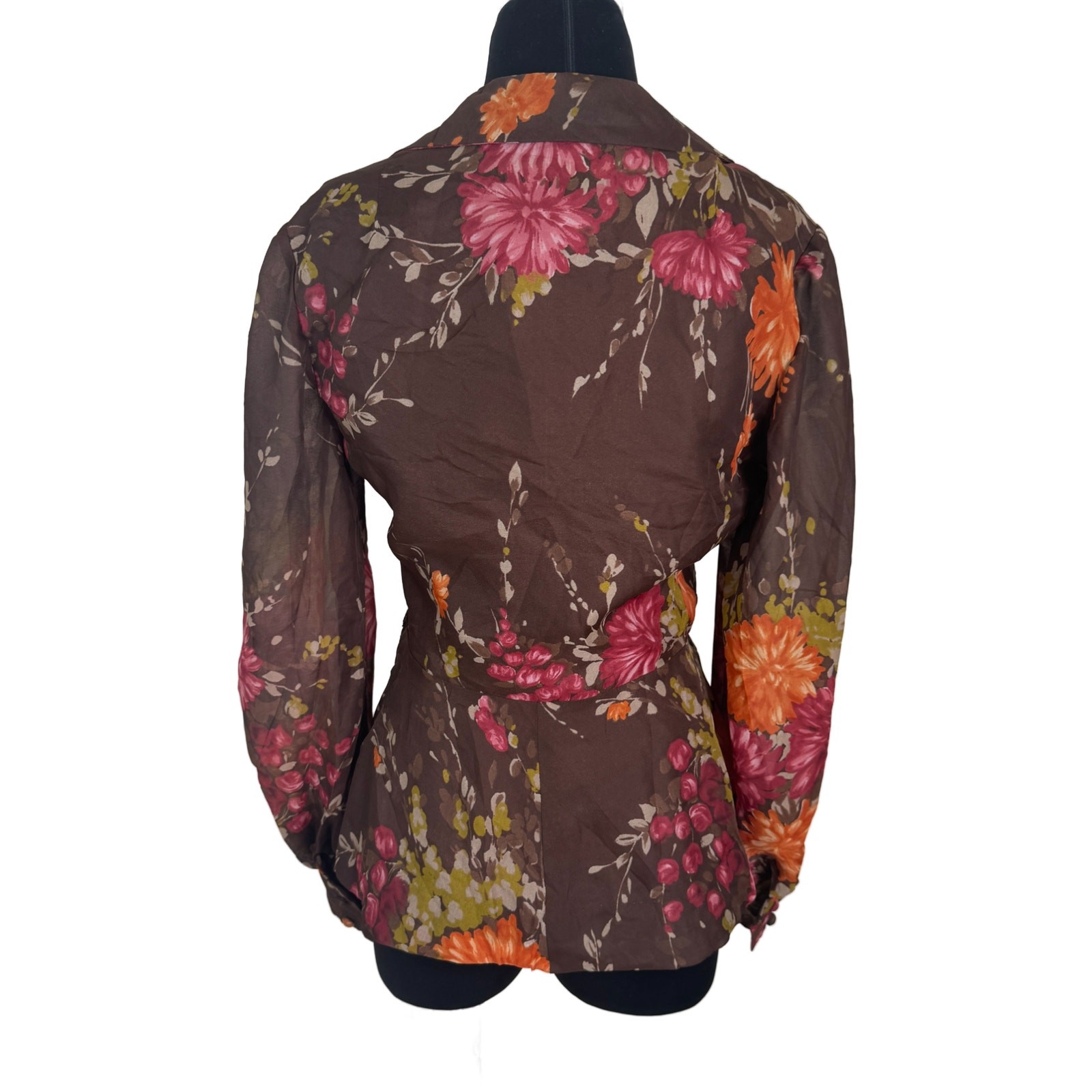 Vintage 1970s Zollner Modell German Floral Blouse Sheer Bishop Sleeve Peplum