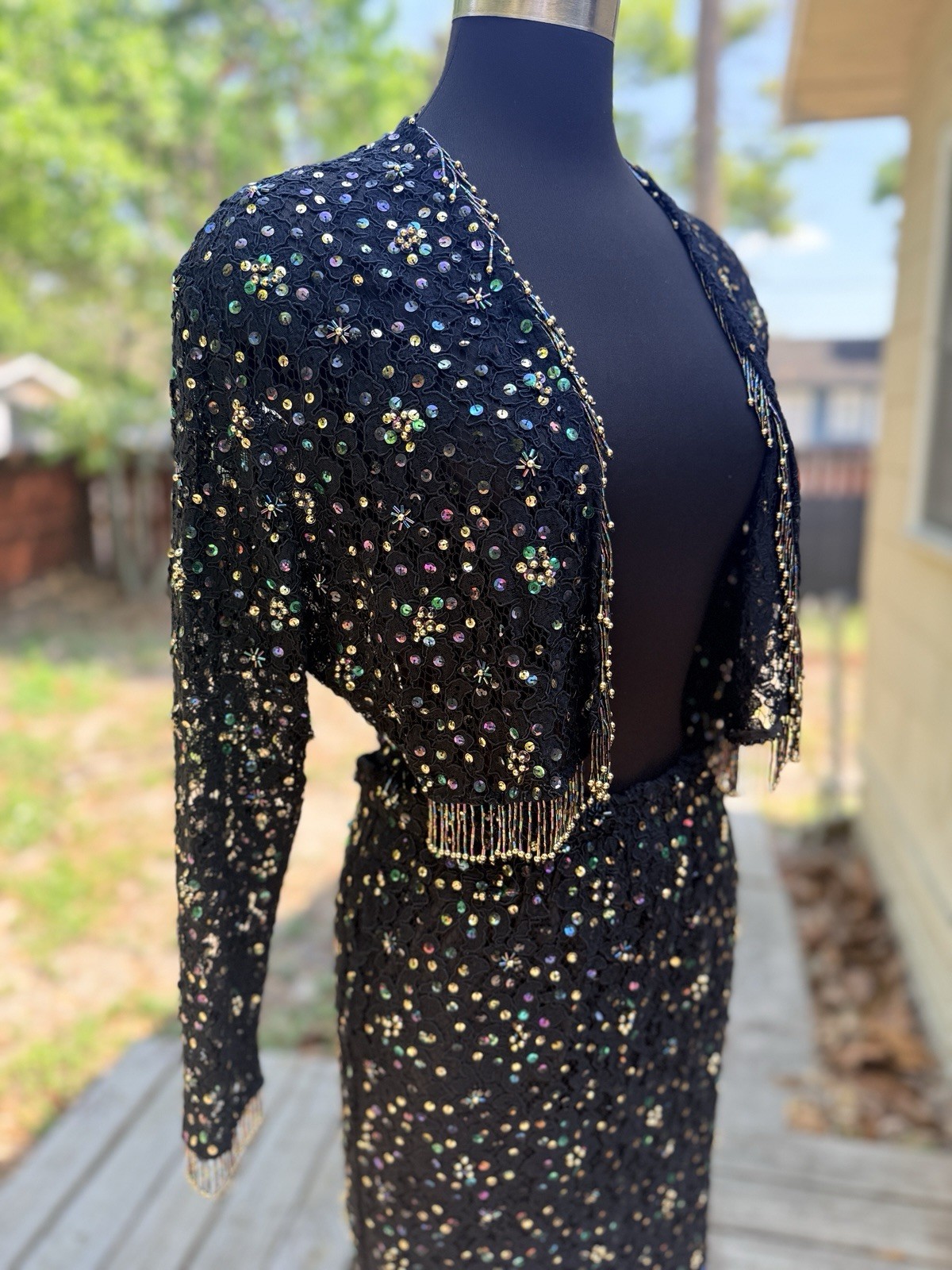 Vintage 1980s Vivienne Tam Crochet Lace Sequin Beaded Fringe Skirt Set
