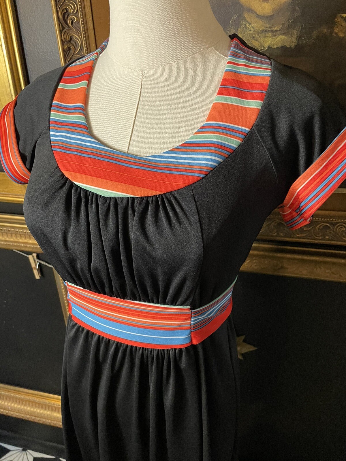 Vintage 70s Paper Moon Black Rainbow Maxi Dress XS S
