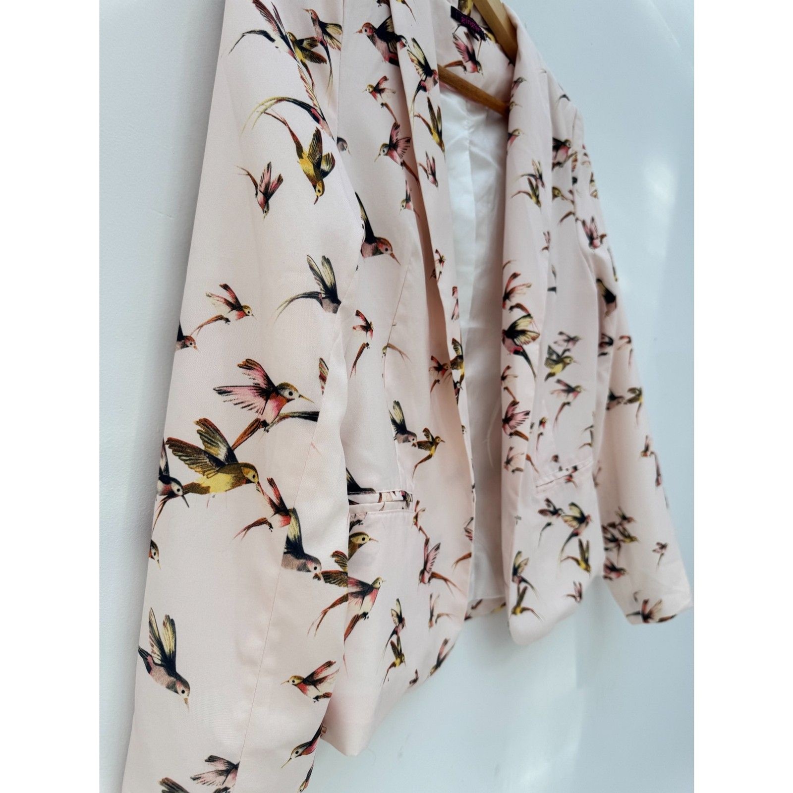 Ginger Blush Pink Hummingbird Print Blazer Open Front Size M