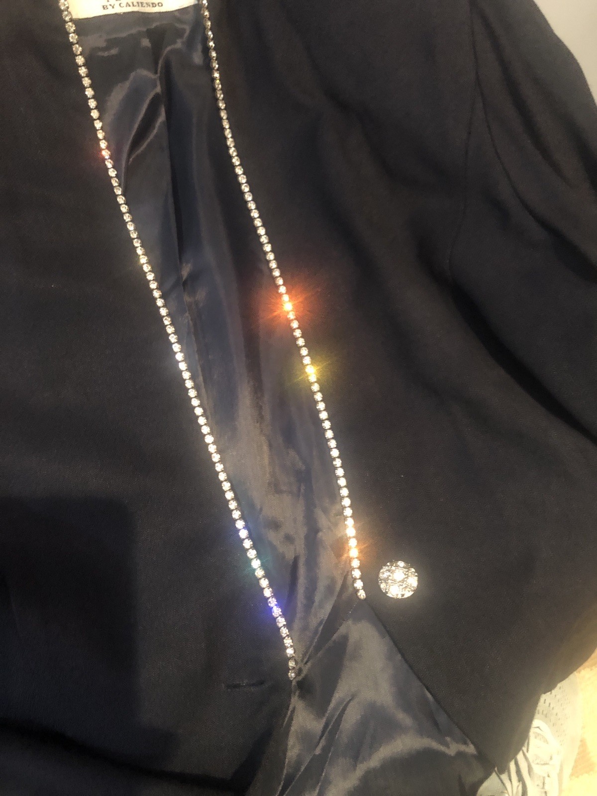 Vintage 1980s JR Nites Petites M Dress Jacket Navy Rhinestone Trim Shoulder Pads