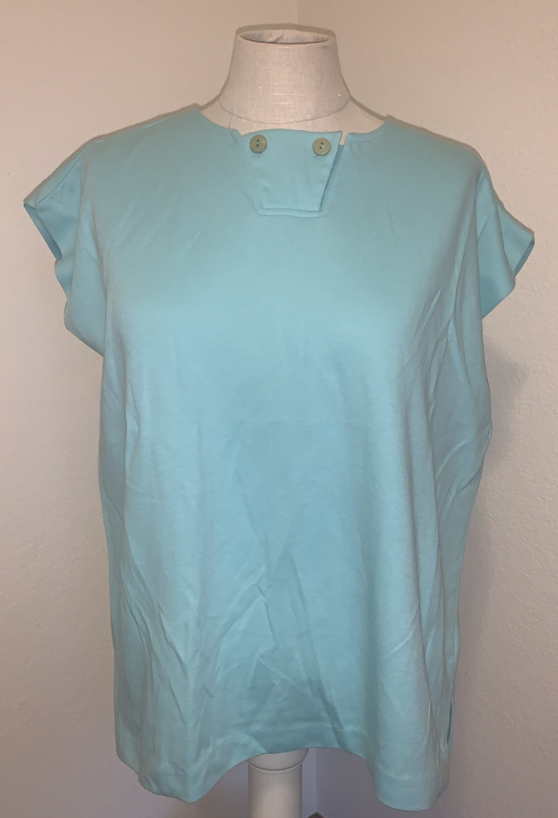 Terry Chicago vintage 70s blouse Sz Med light blue Button accents USA 1584