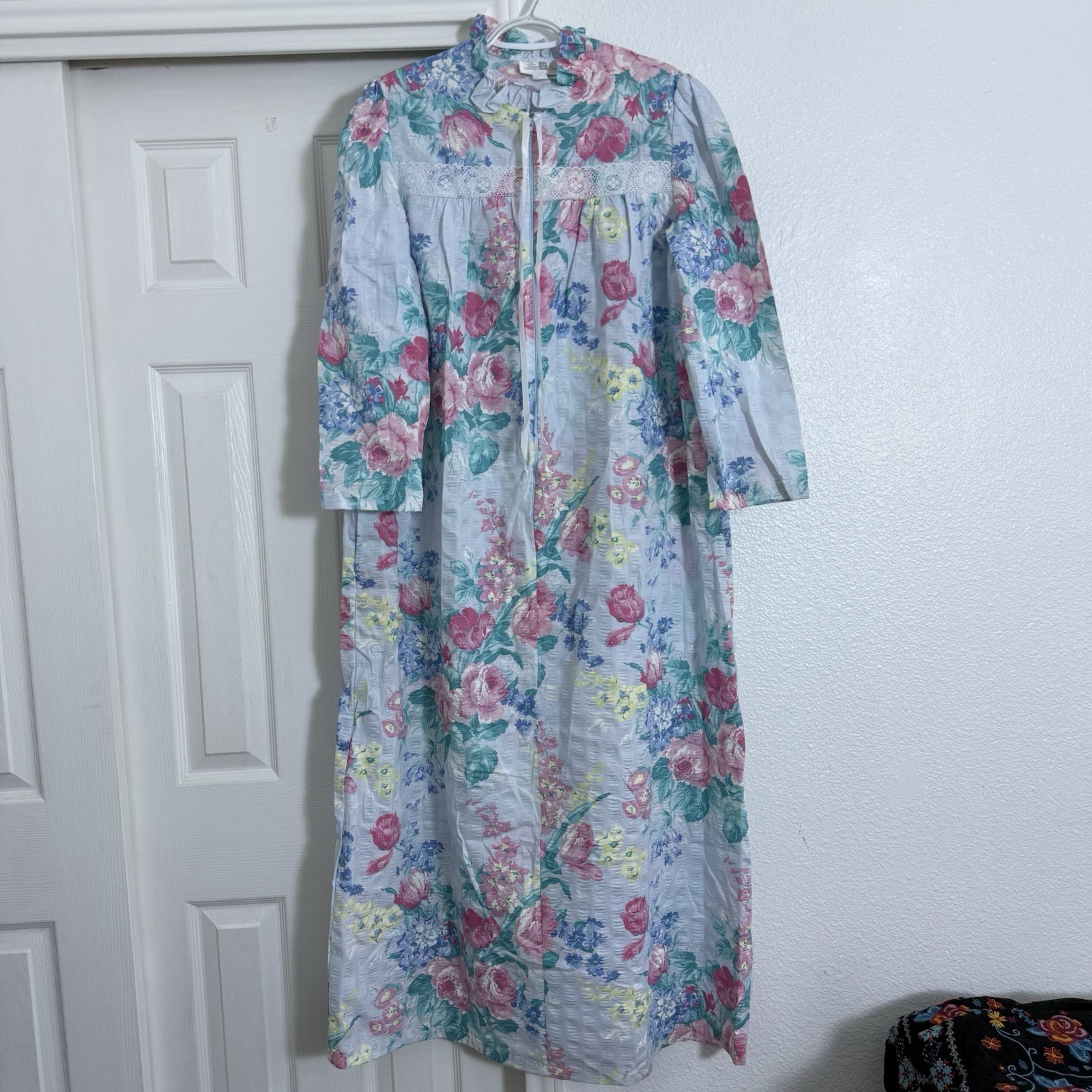 Vintage Ashley Ames Nightgown Medium Floral Ruffle Lace Front Zip Maxi USA