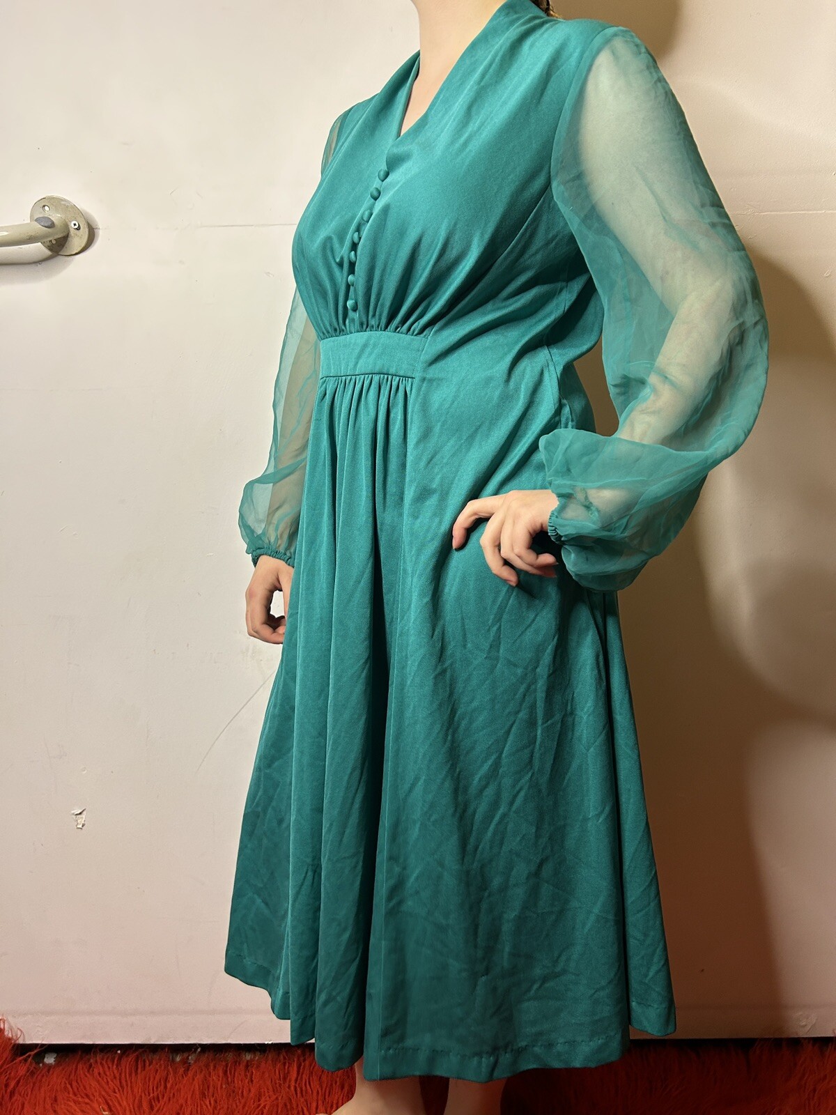 Vintage 1980s does 70s Teal Midi Caftan Dress Chiffon Sleeves Prairie Boho AU 14