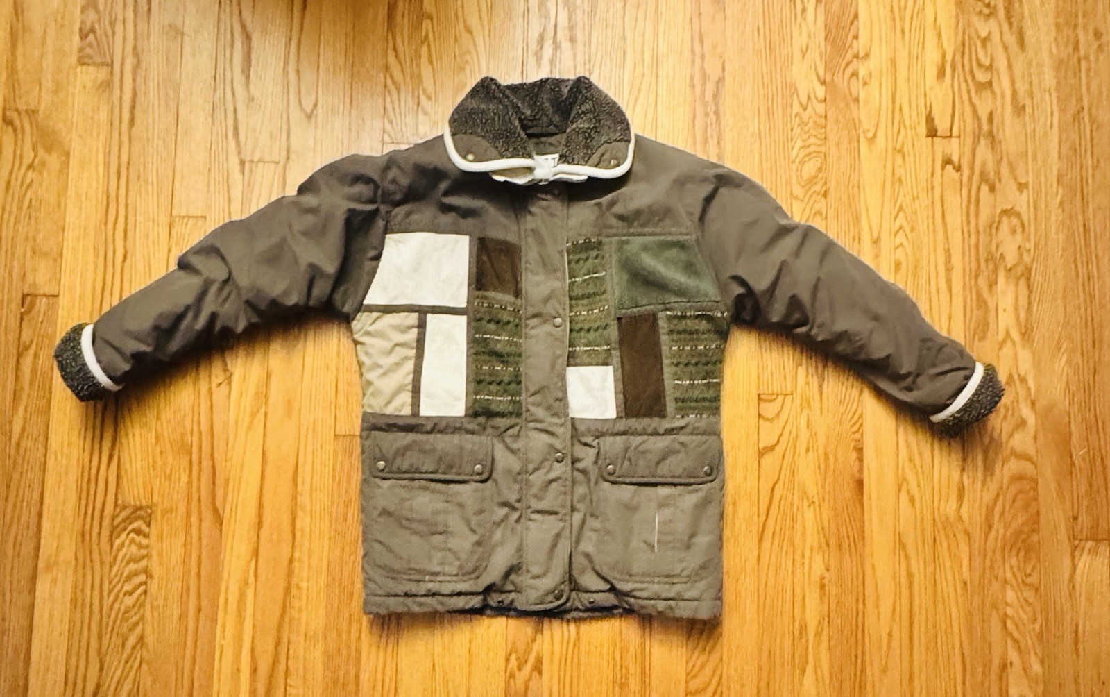 Vintage IZZI Patchwork Corduroy Sweater Olive Green Jacket Large Full Zip Snaps