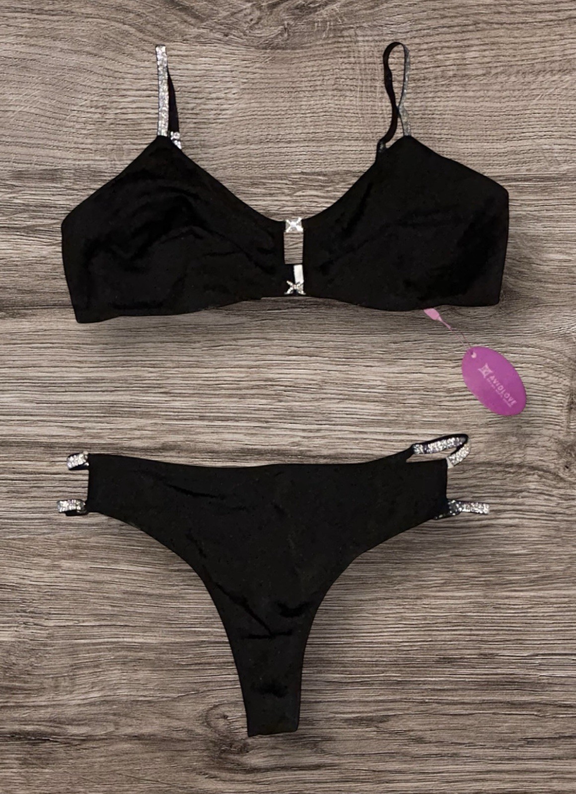 2PC AVIDLOVE Black Shiny Satin Silver Trim Bra & String Bikini Panties L NWT