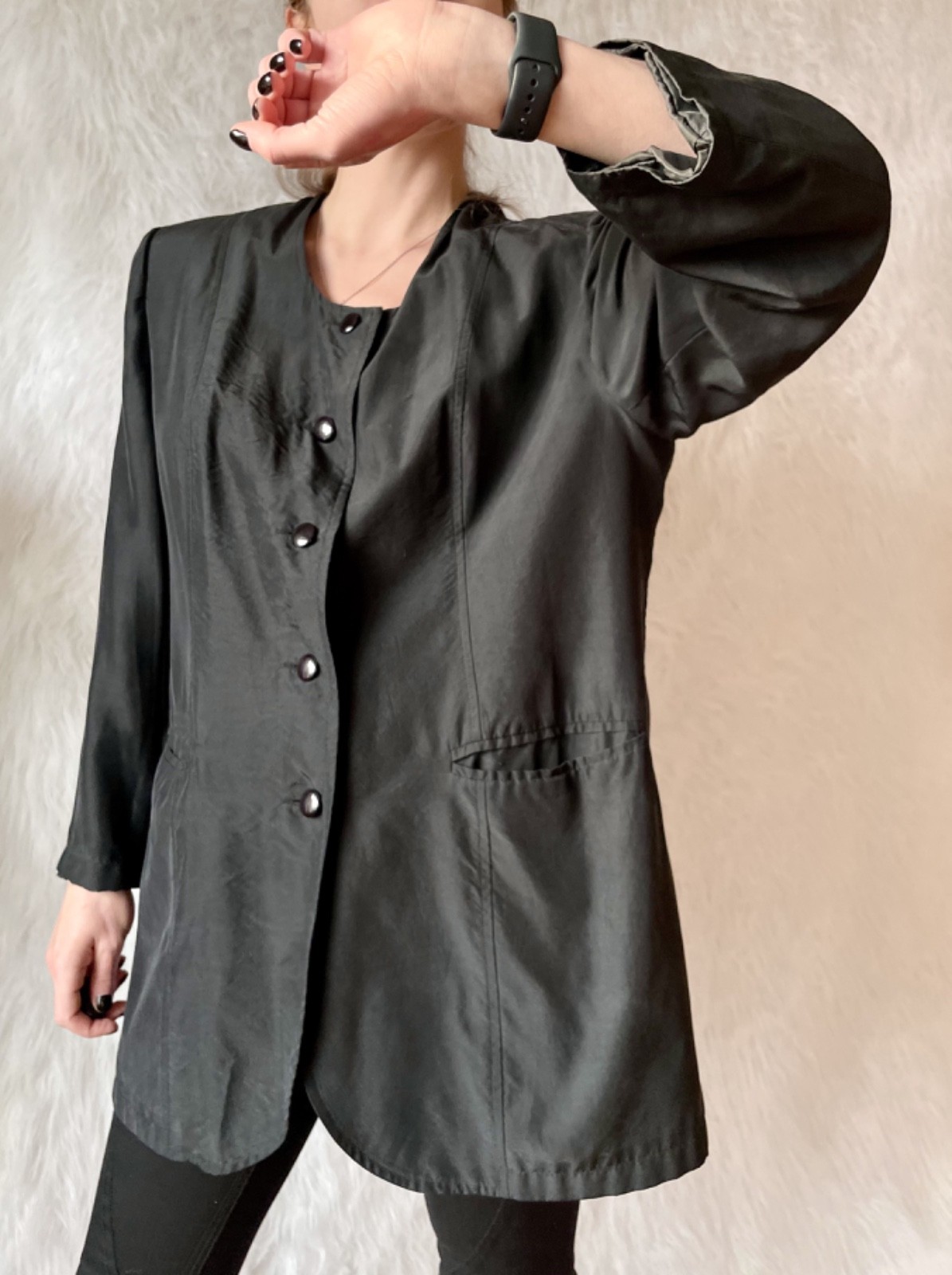 Vtg 80s Jacket 100% Silk Black Jacket Bold Shoulders European Fashion Minimalism