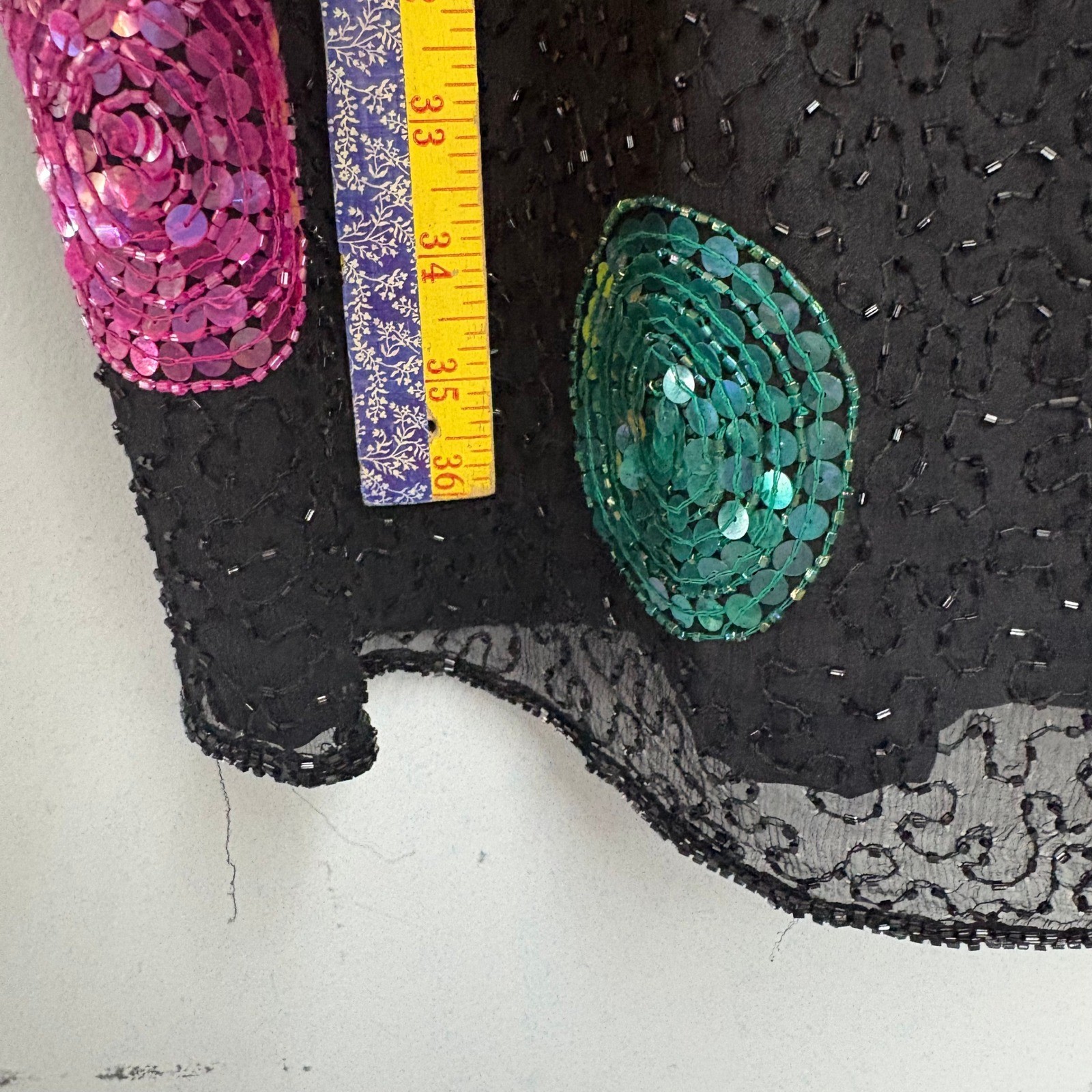 Vintage Silk Beaded Sequin Polka Dot Dress Black Multicolor Short Sleeve Size 8