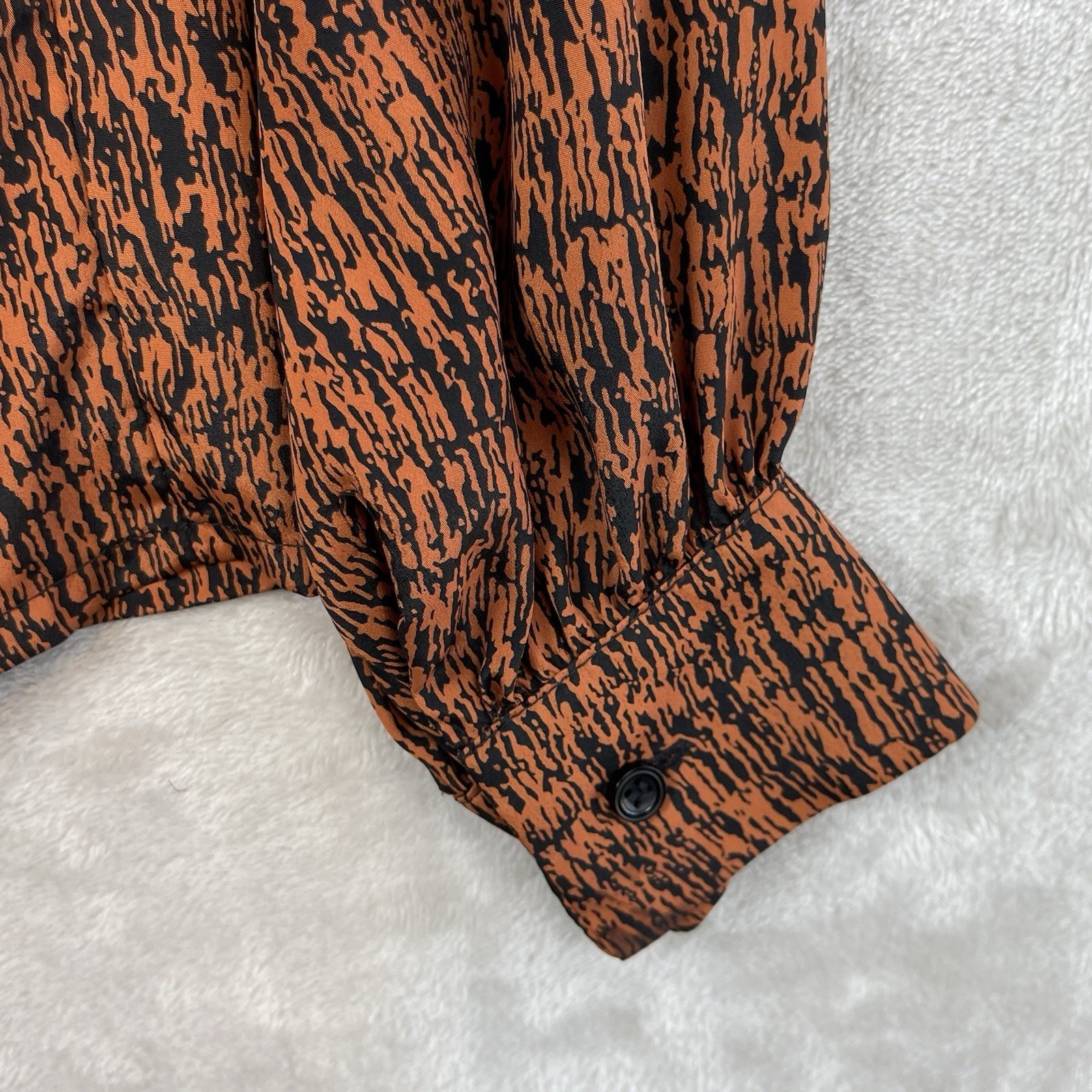 Vintage Bleyle 70s Secretary Blouse Pussybow Bark Print USA Made 6 Office Siren