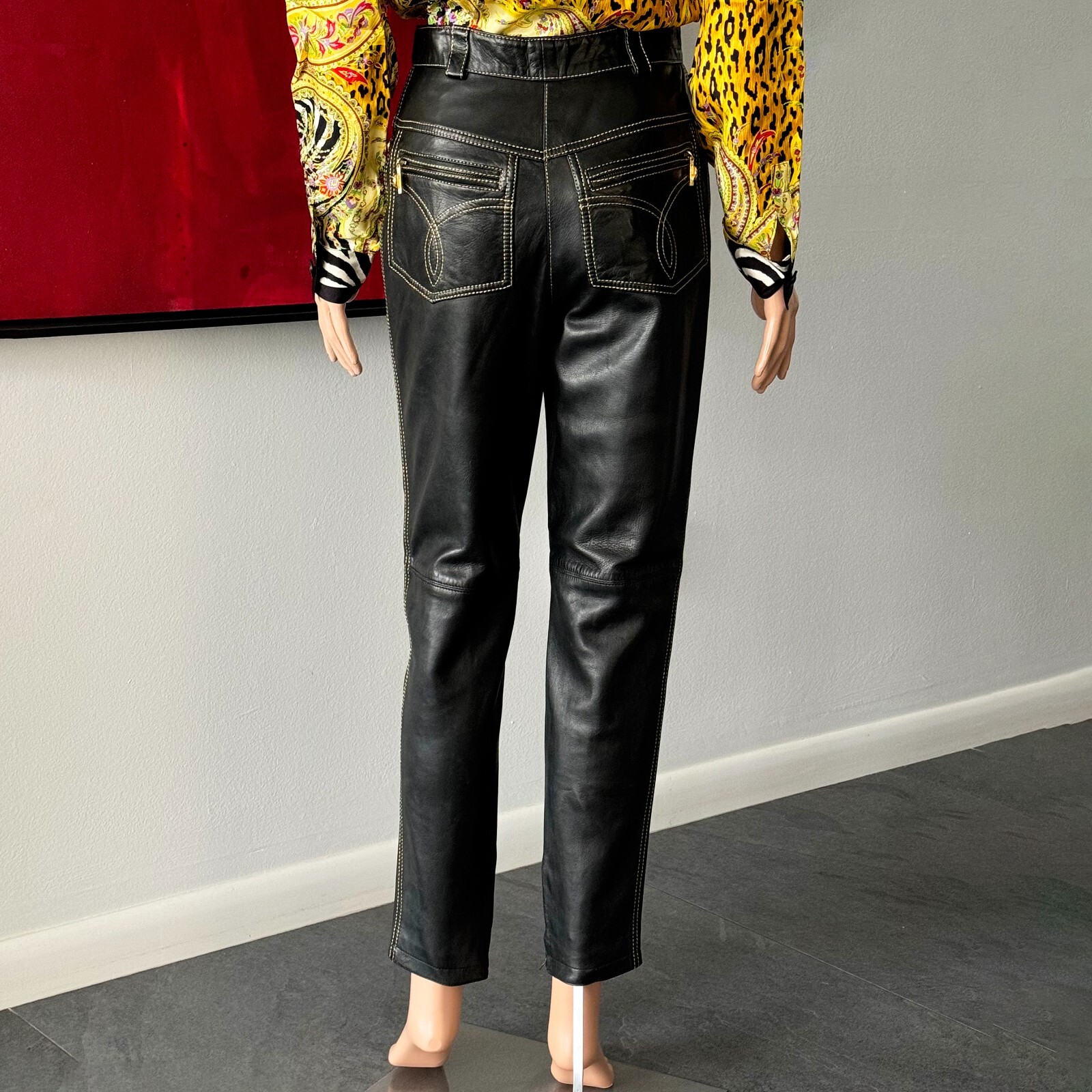 GIANNI VERSACE black leather pants w/ gold stitch size IT 42 from F/W 1992/93